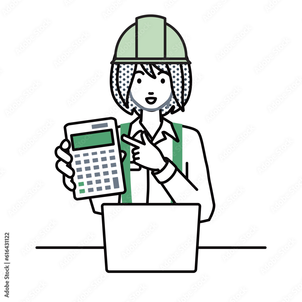 a woman working at construction sites recommending, proposing, showing estimates and pointing a calculator with a smile in front of laptop pc a woman working at construction sites recommending, proposing, showing estimates and pointing a calculator with a smile in front of laptop pc