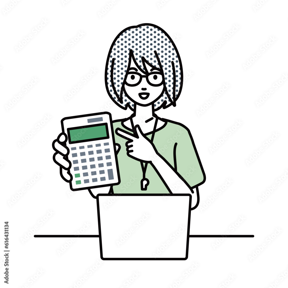 a woman teacher recommending, proposing, showing estimates and pointing a calculator with a smile in front of laptop pc a woman teacher recommending, proposing, showing estimates and pointing a calculator with a smile in front of laptop pc