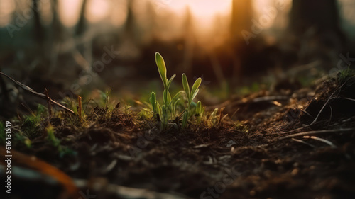 Little green sprout appearing from the ground. Awakening of the nature in spring. Sunset at backdrop. Close up. Generative AI