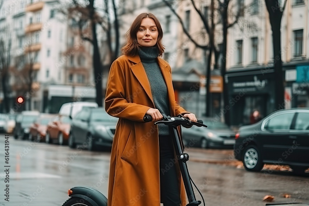 Fototapeta premium Woman riding scooter on street (Ai generated)