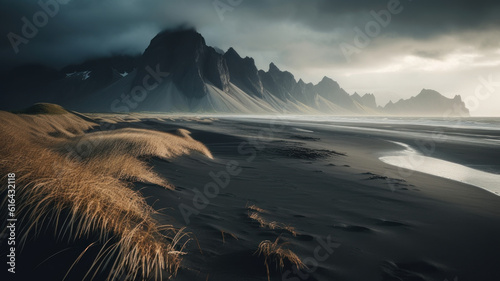 Majestic summer scene of Stokksnes headland with Vestrahorn (Batman Mountain) on background. Unbelievable evening view of Iceland, Europe. Beauty of nature concept background. Generative AI