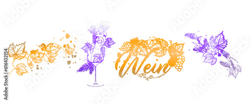 Wine Designs - Collection of wine glasses and bottles. Hand drawn elements for invitation cards, advertising banners, menus in gold style. Wine glasses with splashing wine. Sketch vector illustration