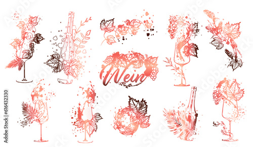 Wine Designs - Collection of wine glasses and bottles. Hand drawn elements for invitation cards, advertising banners, menus. Wine glasses with splashing wine. Sketch vector illustration