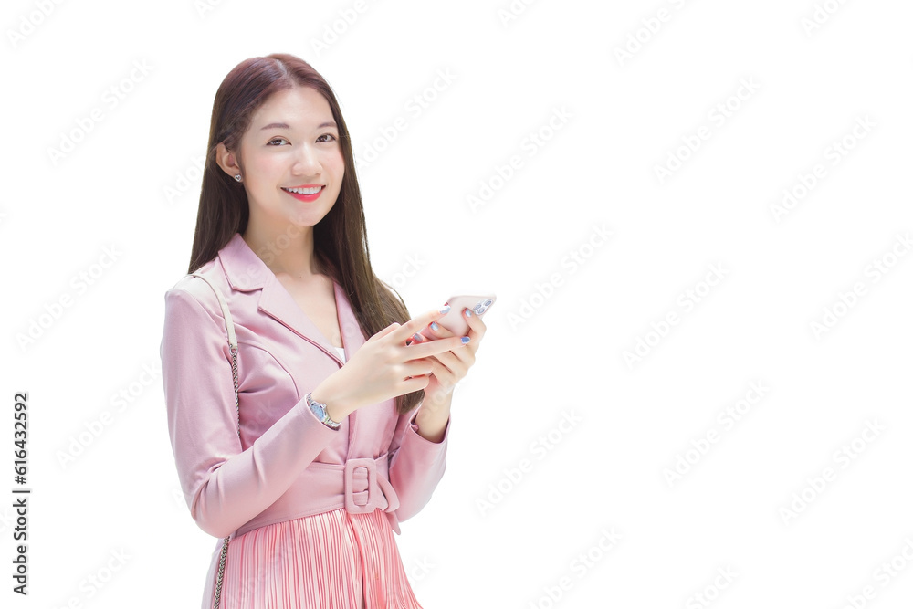 Asian professional young business woman with long hair smiling while using smartphone in her hand to work isolated on white background.. Asian professional young business woman with long hair smiling while using smartphone in her hand to work isolated on white background..