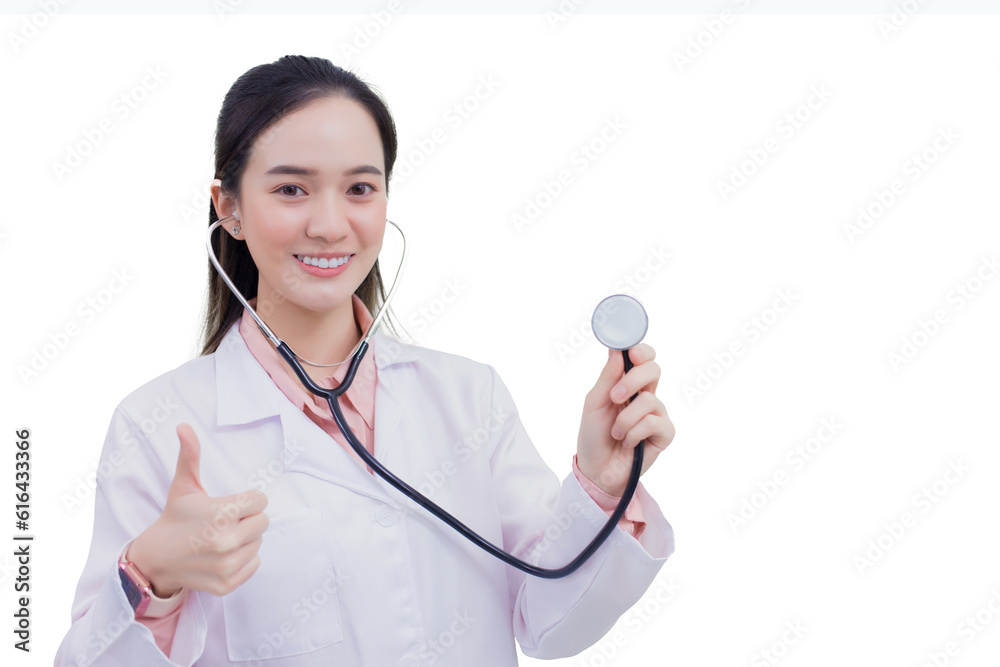 Profession Asian young woman doctor who wears medical uniform is showing hand as thump up isolated on white background.. Profession Asian young woman doctor who wears medical uniform is showing hand as thump up isolated on white background..