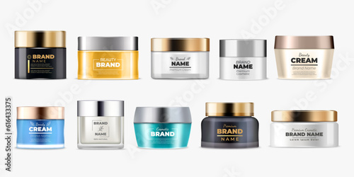 Cream jar. Cosmetic container, packaging bottle with label, realistic body spray, silver or gold luxury package, plastic cap, beauty products side view. Vector branding mockup template