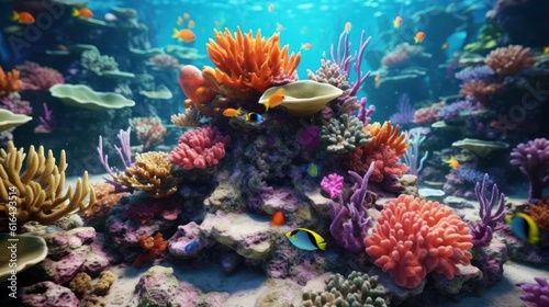 An underwater reef ecosystem. Colorful coral reefs and underwater life show the importance of nature conservation. Created with Generative AI. © DreamPointArt