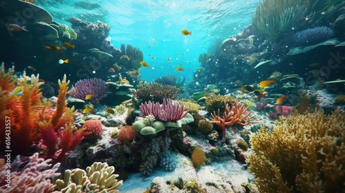 An underwater reef ecosystem. Colorful coral reefs and underwater life show the importance of nature conservation. Created with Generative AI.