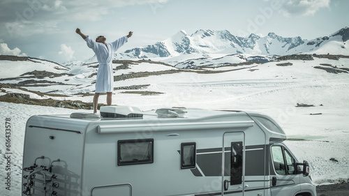 Photography Midlife Men Feeling Excitement and Freedom While on the Camper Van RV Road Trip