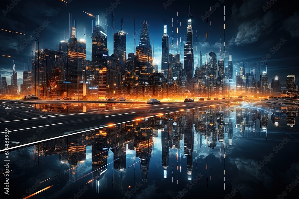 A city skyline at night with futuristic digital overlays to represent ...
