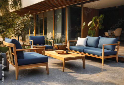 an outdoor furniture set on wood and concrete