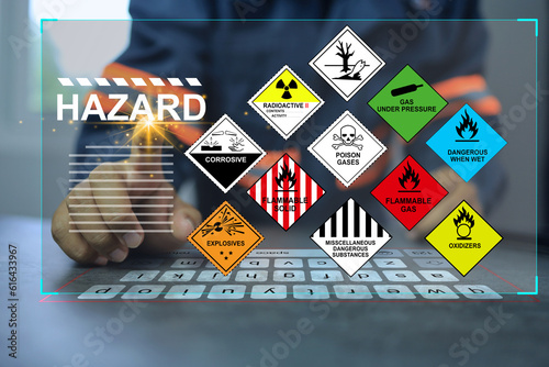 Tablou pe pânză Security officers with virtual screen and inspect the storage of dangerous goods