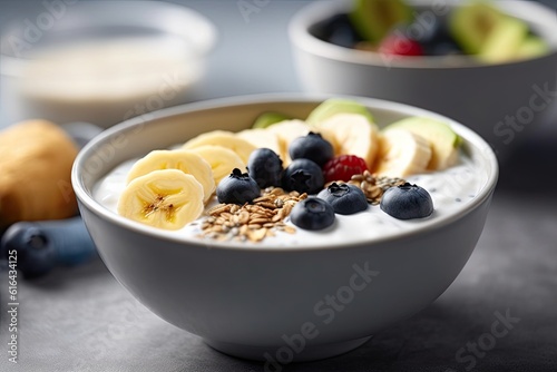 AI GENERATIVE, Healthy vegetarian breakfast bowl with yogurt, and fruits,