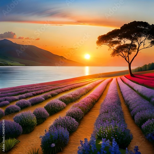 Lavender field at sunset, Generative AI 
