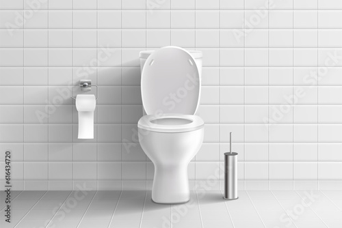 Toilet in bathroom. 3d isolated seat, white tile, clean wc bowl, realistic interior, hanging paper on steel holder, ceramic room floor, home or public lavatory. Vector design illustration
