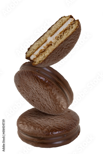 Levitating choco pies isolated on white background