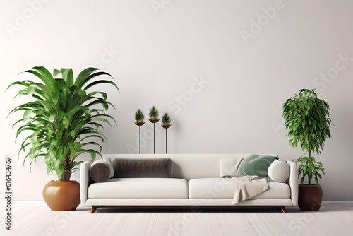 white concrete mock-up wall with white fabric sofa and pillows, modern interior, negative copy space above, 3d rendering, 3d illustration,Generative AI © Azar