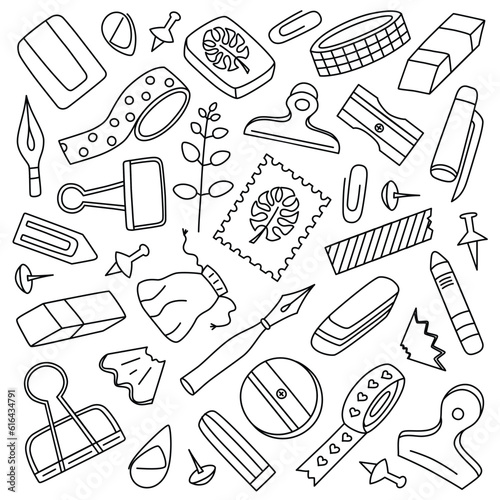 Modern stationary items set, various pins, scraps, erasers, pen caps, stationery supplies collection, isolated objects on white background, vector illustrations