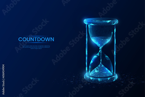 Countdown hourglass. Sand clock. Digital timer. Time of deadline. 3D sandglass. Polygon and blue light sparks. History watch. Chronometer counting. Sandglass concept. Vector background
