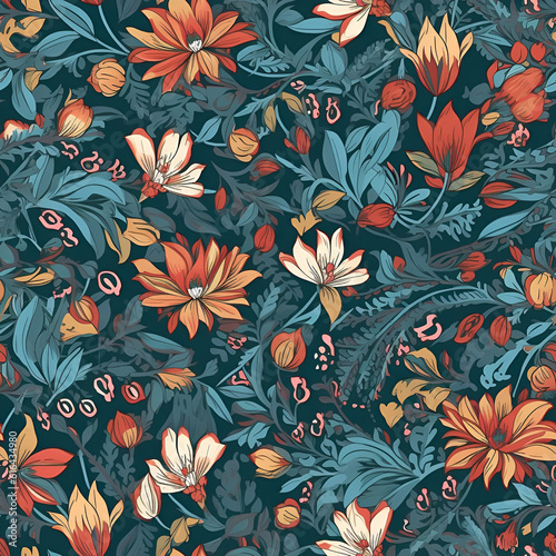 Floral pattern. Seamless pattern with decorative flowers and plants. AI generated