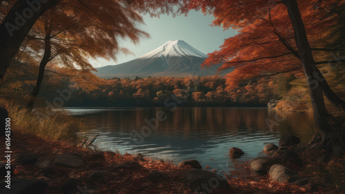 Mt. Fuji, Japan at Lake Motosu During Autumn Season. Generative AI