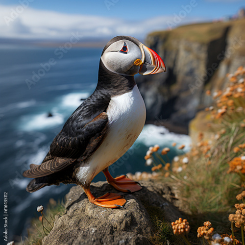 Puffin (Fratercula arctica) stands on a steep rock on the coast, ai generated