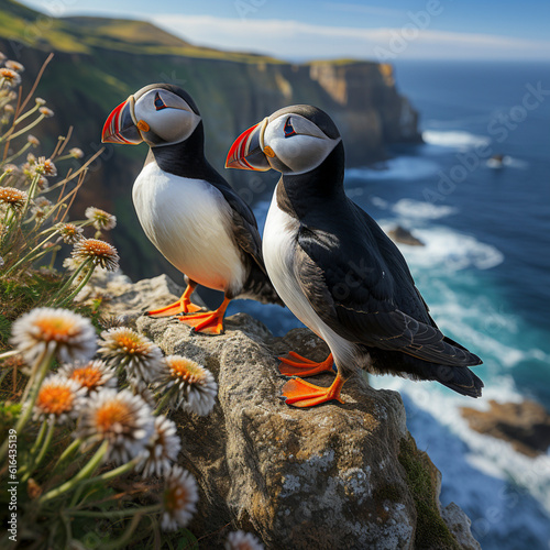 Puffin (Fratercula arctica) stands on a steep rock on the coast, ai generated