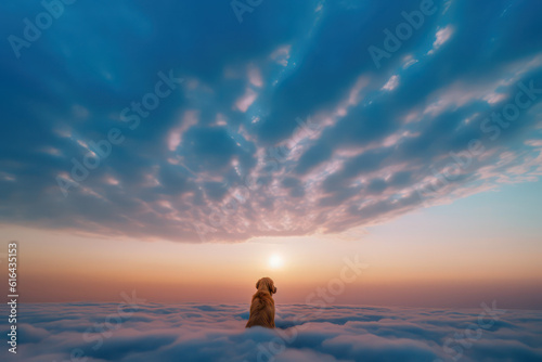 illustration of a golden retriever pet animal in a natural landscape setting surrounded by clouds and greenery representing pet loss and grief - generative ai art
