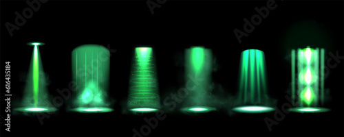 Ufo light beam. Alien spaceship, green sky dramatic effect, hover and magic bright spotlight technology, futuristic paranormal Sci-fi galaxy ray effect on black. Vector isolated background