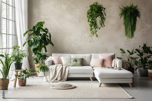 Modern interior with white sofa panorama 3d render Generative AI