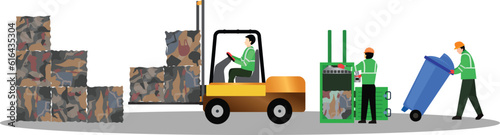 Plastic recycling worker drive hydraulic forklift to lift trash cube, Industrial recycling of garbage and litter, can baler vector illustration, compress machine make garbage cube, garbage cube