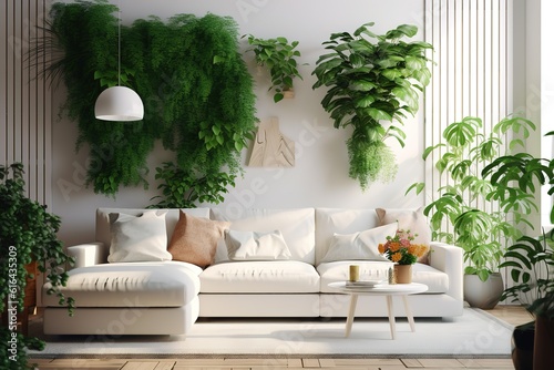Modern interior with white sofa panorama 3d render,Generative AI