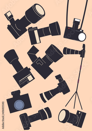 Photographers optical equipment. Different photo cameras. Making snapshots. Shooting pictures. Photographic flash and strap. Professional tripod. Photographing hobby. Vector card design