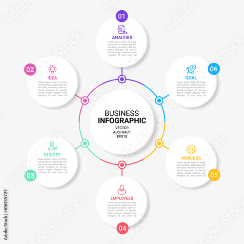Infograph elements. Circle chart. 6 steps of business work process. Flowchart diagram. Graph icons for presentation. Timeline flow infographic. Workflow strategy. Vector design template