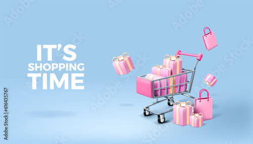 3D shop. Shopping cart. Trolley with holiday present pink boxes. Ecommerce gift bag. Retail or sale render. Online market app concept. Buying purchases. Vector realistic illustration