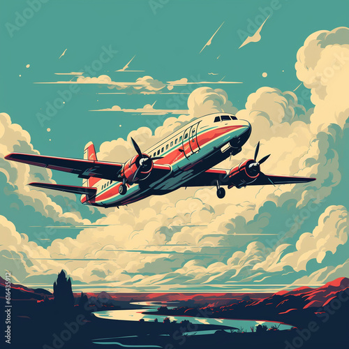 illustration of an airplane in the sky retro style