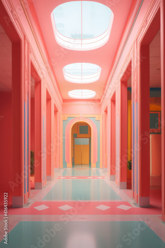 whimsical colorful futuristic architectural illustration of a fantasy building/room in pastel retro colours with sci-fi elements - generative ai art