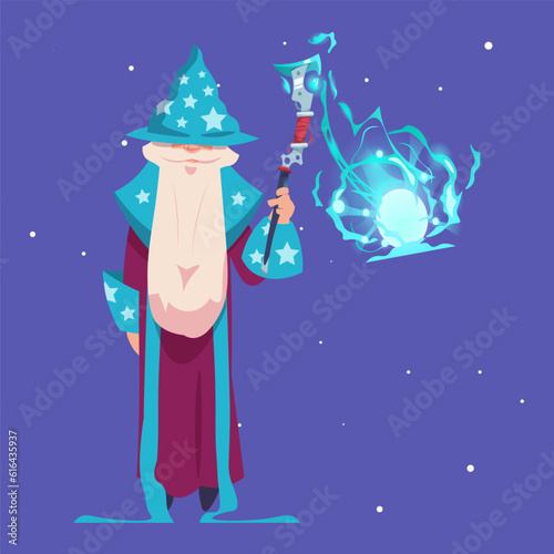 Wizard cartoon. Magic character with with magic staff, old man with grey beard, in robe and hat, sorcerer and alchemist, mystery spell or sorcery, witchcraft mascot, vector illustration