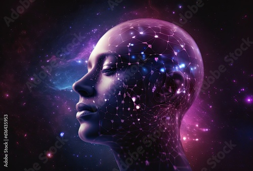 Cosmic Consciousness: Prismatic Human Head Amidst Space Constellations and Moon