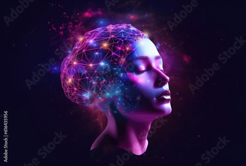 Cosmic Consciousness: Prismatic Human Head Amidst Space Constellations and Moon