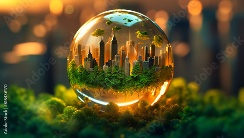 earth globe and green forest on top of a city