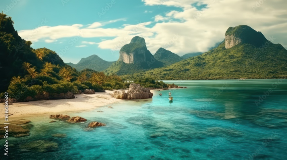 Impressive view of a tropical island with clear turquoise waters. Mountains and calm sea merging with the sky give a feeling of peace and exploration. Created with Generative AI.