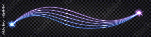 Neon glowing swirl waves, electric impulse cable lines, thunder lightning bolt,  purple and blue light effect, electric discharge lines  with strike collision. Vector, isolated transparent design