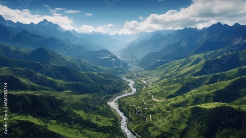 A photo taken from the top of a mountain overlooking a lush valley. The beauty of the landscape and a natural tranquility. Created with Generative AI.