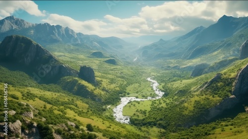 A photo taken from the top of a mountain overlooking a lush valley. The beauty of the landscape and a natural tranquility. Created with Generative AI.