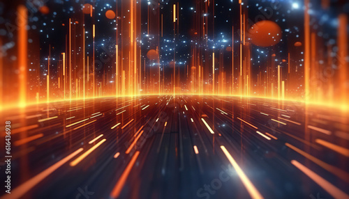 An abstract background with glowing particles and futuristic light trails