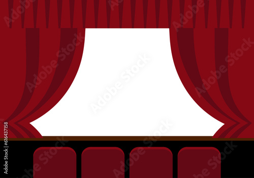 Plantilla con telón, escenario y butacas de teatro en rojo, marrón y negro con el fondo blanco