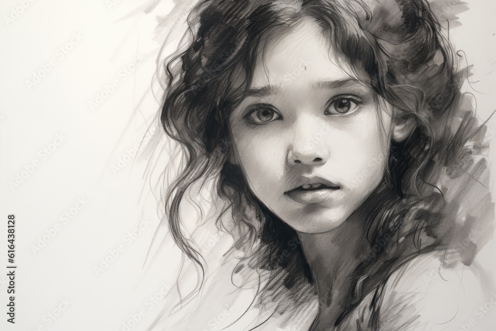 Naklejka premium A portrait sketched with charcoal technique, capturing the delicate features of a girl. Generative AI 