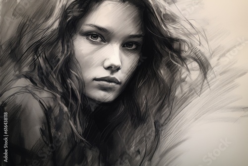 A portrait sketched with charcoal technique, capturing the delicate features of a girl. Generative AI
