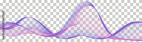 Undulate wave swirl swoosh. Dynamic soundwave; moving twisted line. Purple and blue synthwave color flow flying air wind veil.  Transparent isolated abstract twirl border curve. Vector illustration